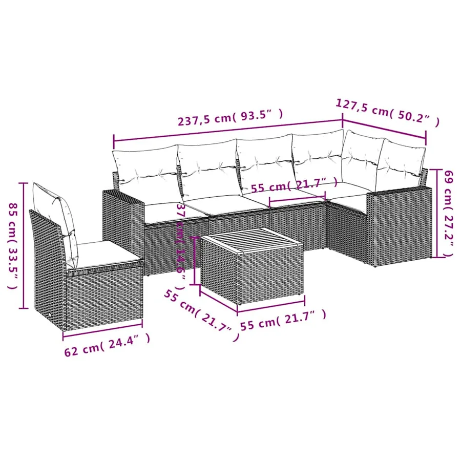 Salon de jardin 7 pcs avec coussins noir résine tressée 62 x 62 x 69 cm - 57,8 kg - 12