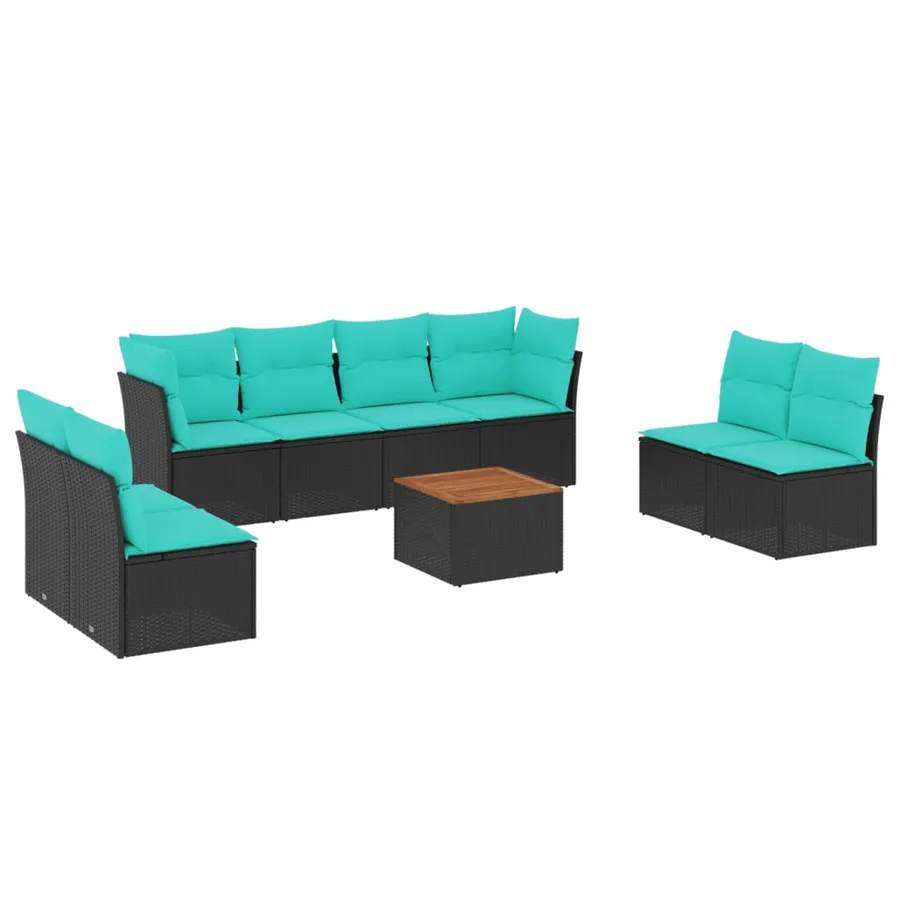 Salon de jardin 9 pcs avec coussins noir résine tressée - 2