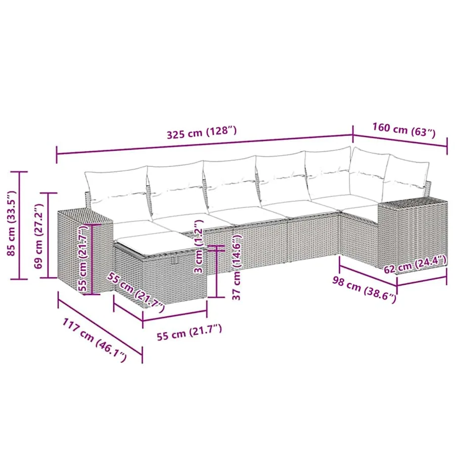 Salon de jardin 7 pcs avec coussins noir résine tressée 55 x 62 x 69 cm - 61,2 kg - 14