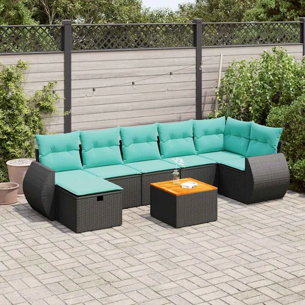 Salon de jardin 8 pcs avec coussins noir résine tressée