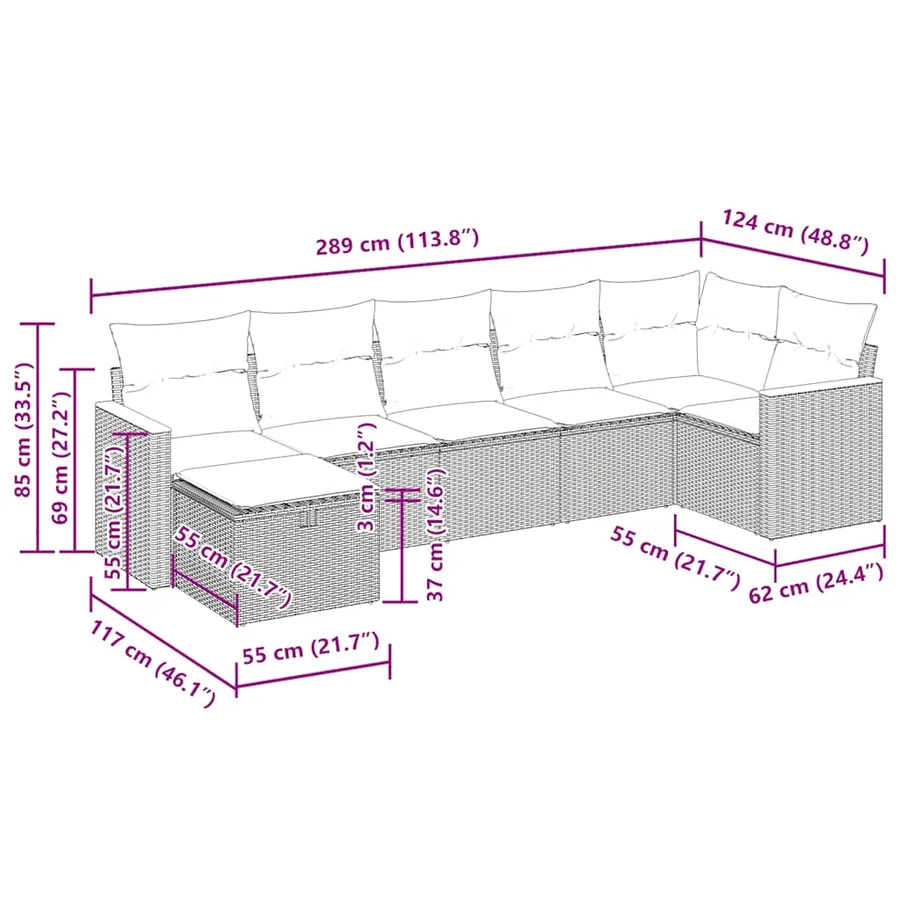 Salon de jardin 7 pcs avec coussins noir résine tressée 55 x 62 x 69 cm - 58,2 kg - 16