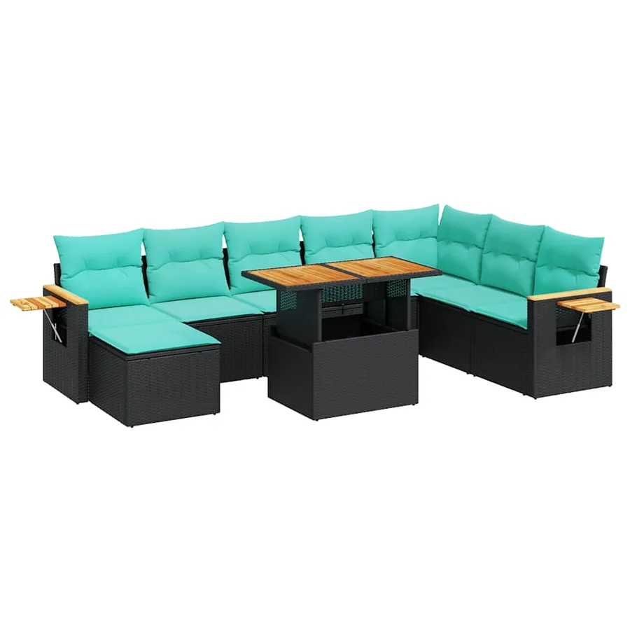 Salon de jardin 10 pcs avec coussins noir résine tressée acacia - 2