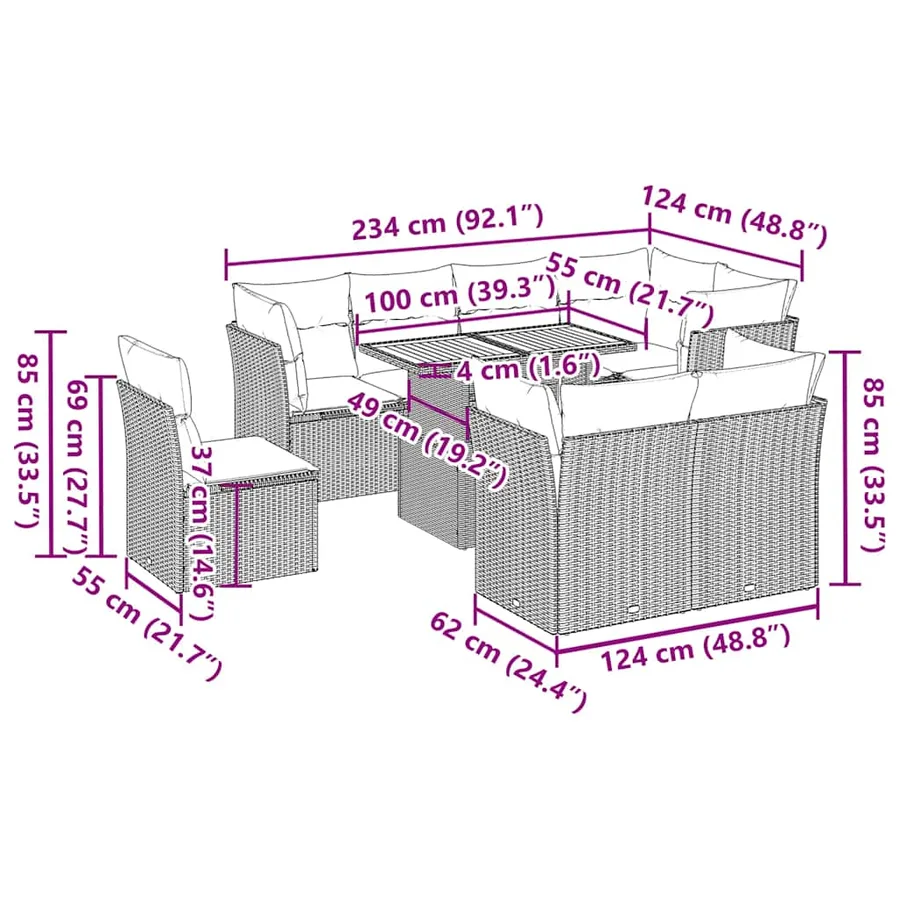 Salon de jardin 9 pcs avec coussins noir résine tressée - 11