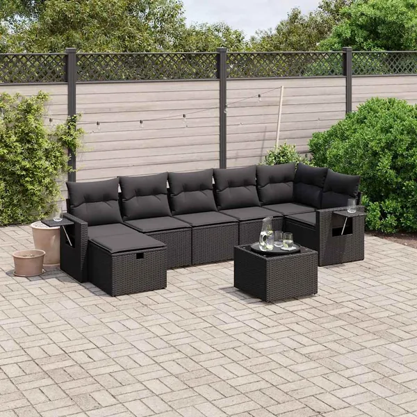 Salon de jardin 8 pcs avec coussins noir résine tressée