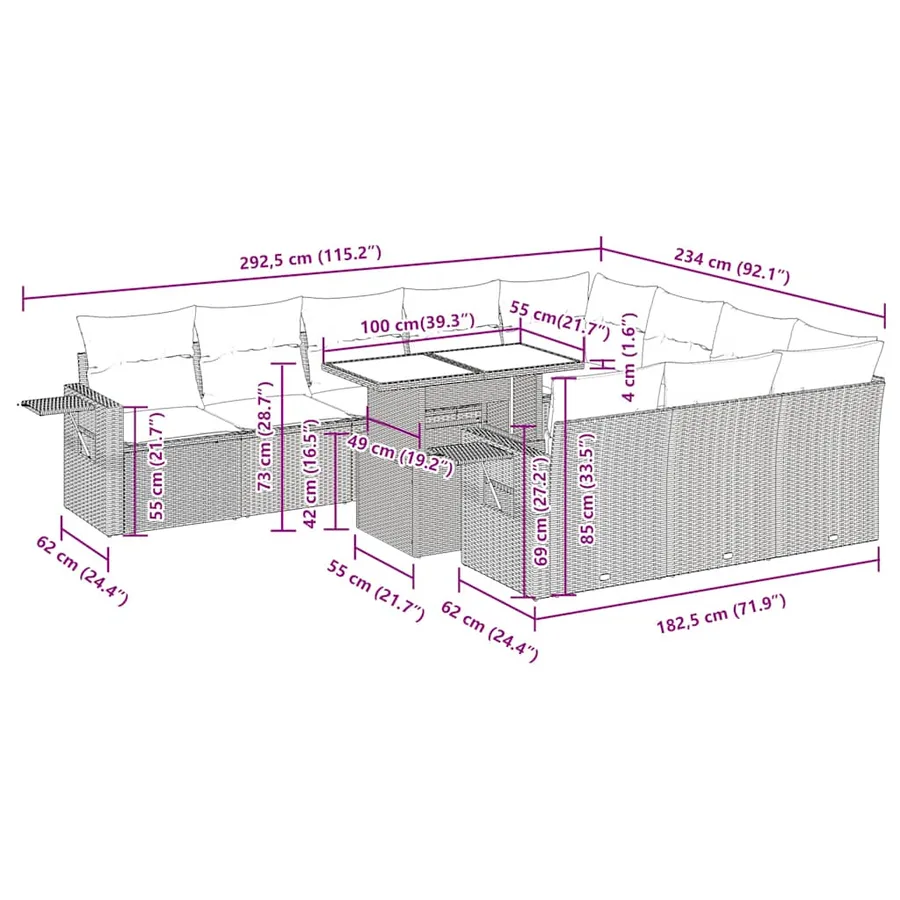 Ensemble de canapés de jardin 11 pcs et coussins rotin acacia - 16