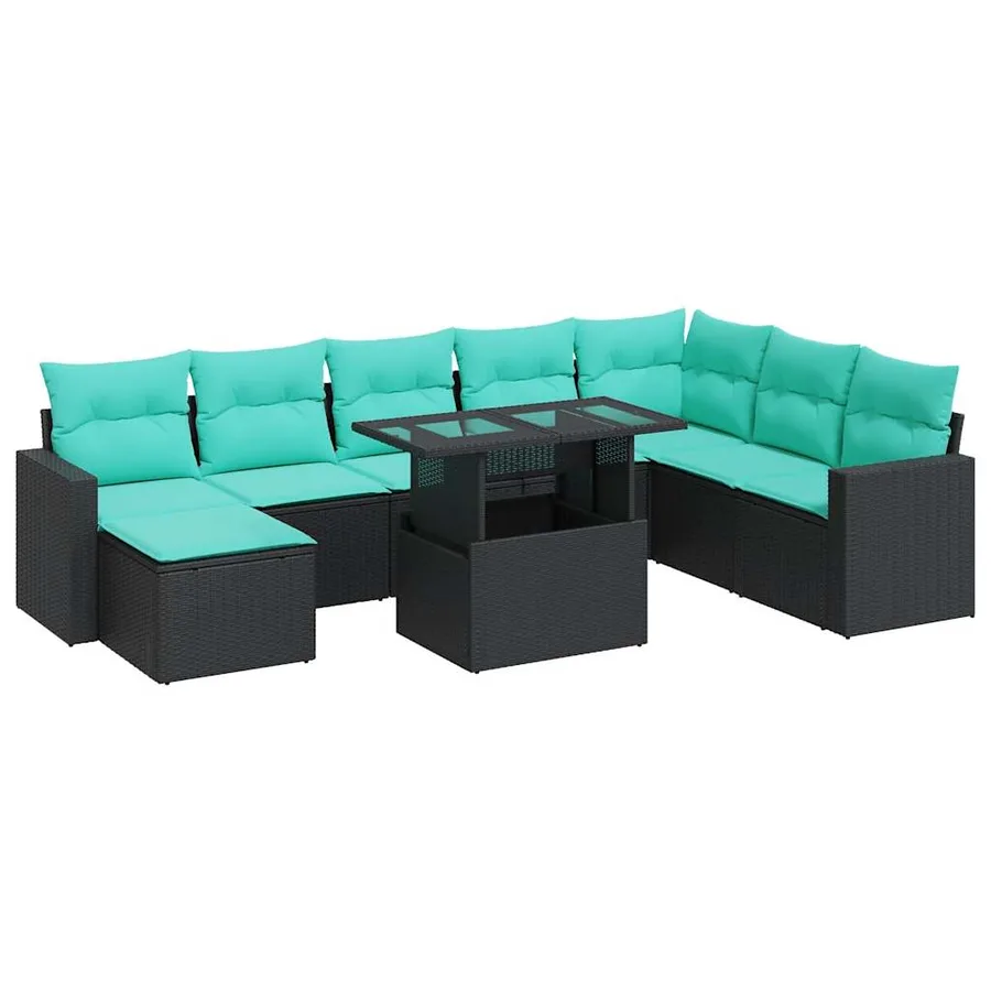 Salon de jardin avec coussins 9 pcs noir résine tressée acacia - 2
