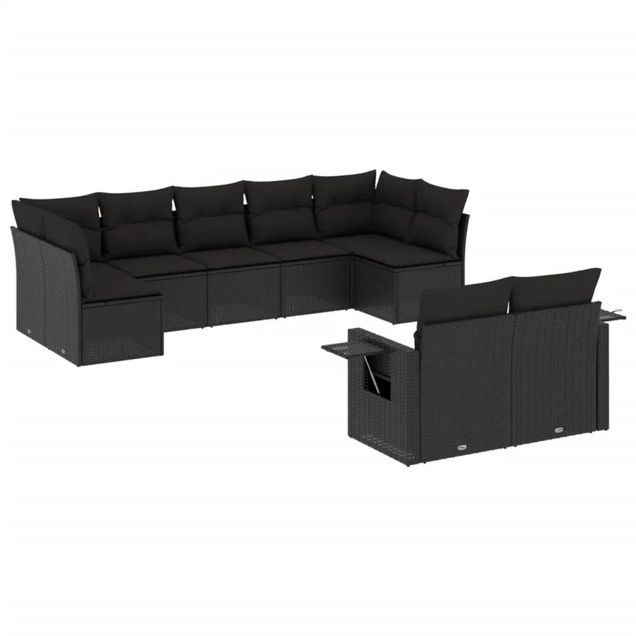 Salon de jardin 9 pcs avec coussins noir résine tressée - 2