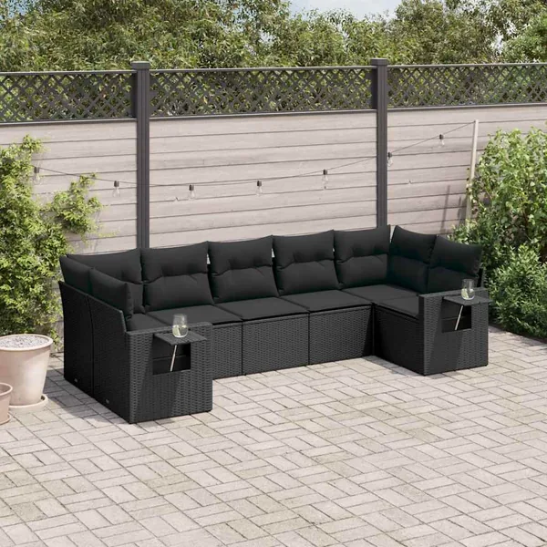 Salon de jardin 7 pcs avec coussins noir résine tressée 62 x 62 x 69 cm - 58,7 kg