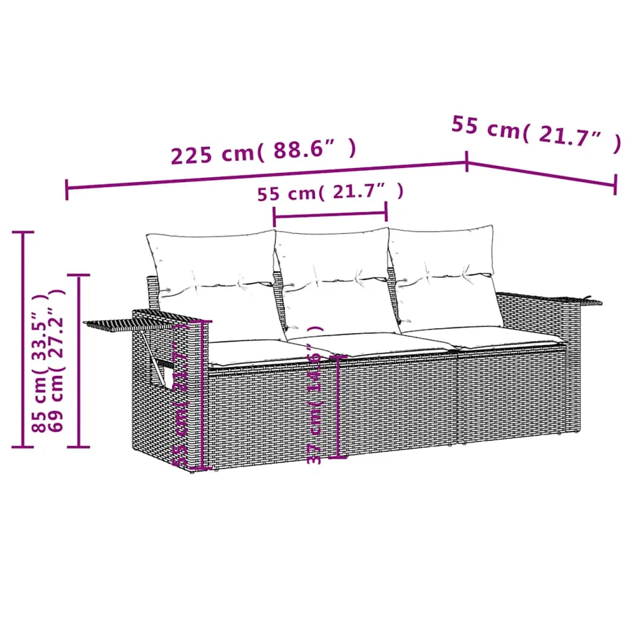 Salon de jardin 3 pcs avec coussins noir résine tressée - 7