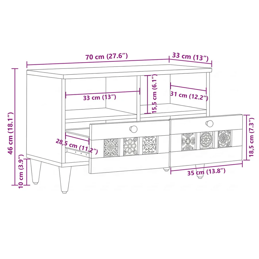 Meuble TV Naturel 70 x 33 x 46 cm Bois de mangue massif - 11