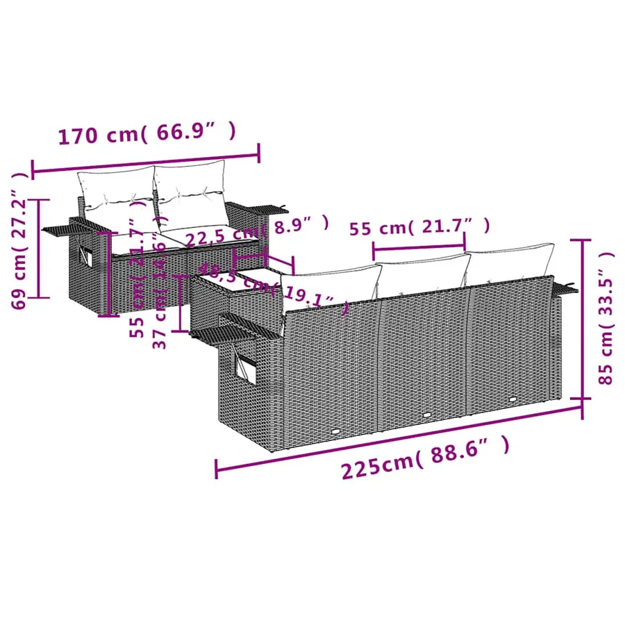 Salon de jardin 6 pcs avec coussins noir résine tressée - 8