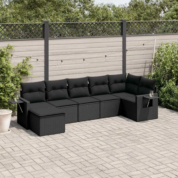 Salon de jardin 7 pcs avec coussins noir résine tressée 62 x 62 x 69 cm - 54,7 kg