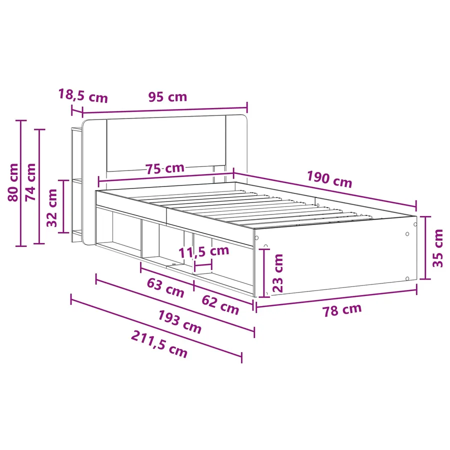 Cadre de lit avec rangement Sonoma gris 75 x 190 cm - 9