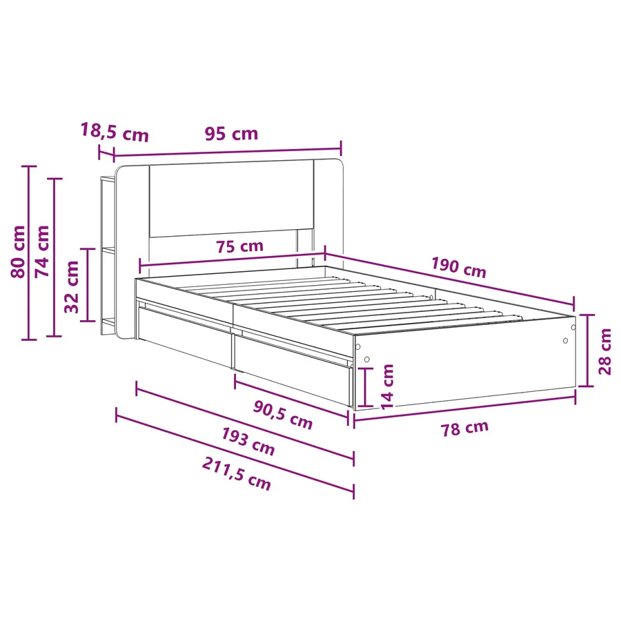 Cadre de lit avec rangement avec tiroir Sonoma gris 75 x 190 cm - 10
