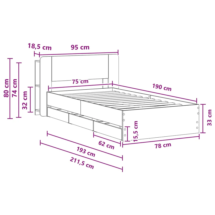Cadre de lit avec rangement Chêne fumé 75 x 190 cm - 8