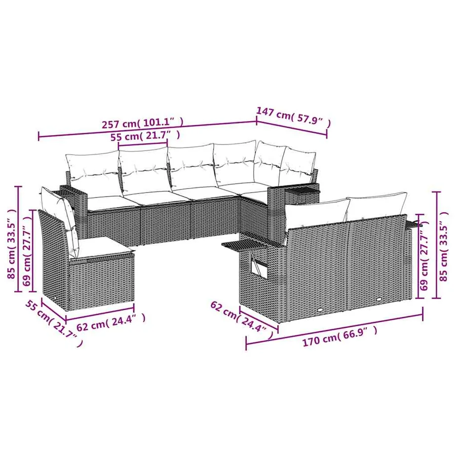 Salon de jardin 8 pcs avec coussins noir résine tressée - 8