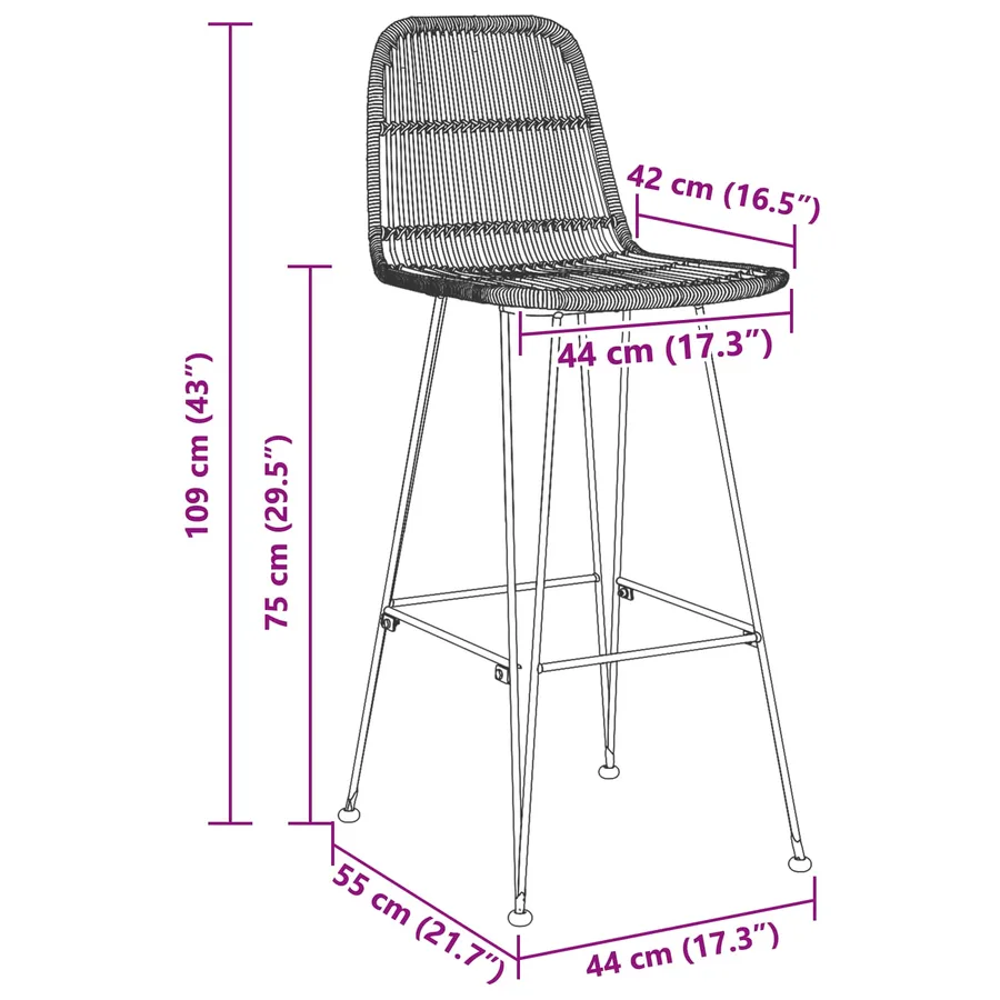 Tabouret de bar 2 pcs Noir 44 x 55 x 109 cm Rattan et Acier - 10