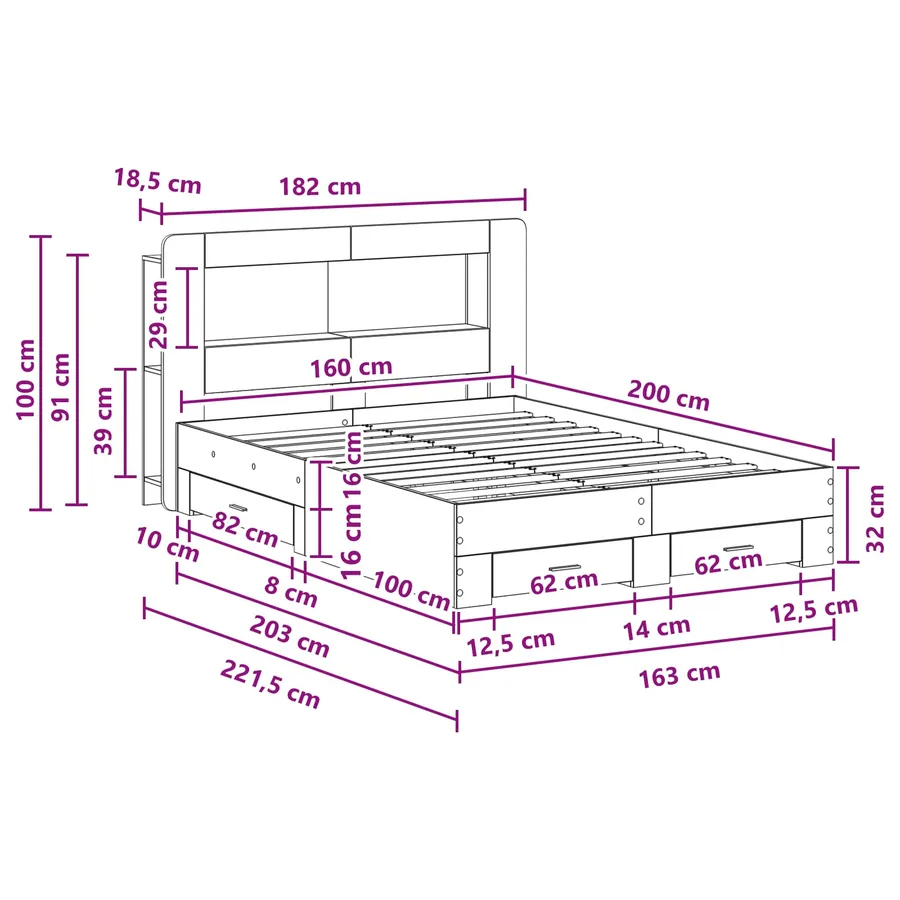 Cadre de lit avec rangement Sonoma gris 160 x 200 cm - 9