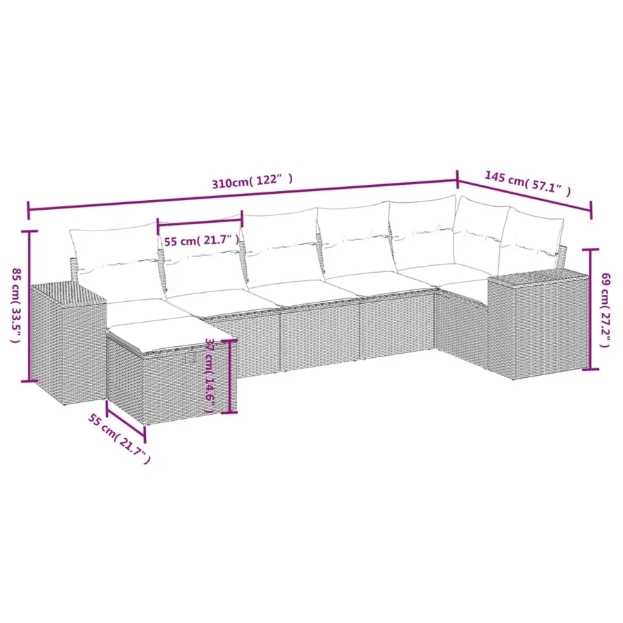 Salon de jardin 7 pcs avec coussins noir résine tressée 62 x 62 x 69 cm - 57,4 kg - 4