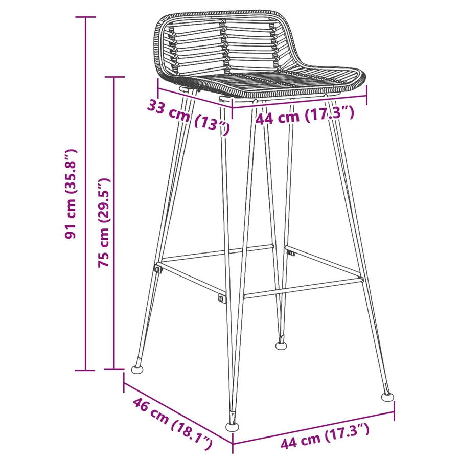 Tabouret de bar 2 pcs Noir 44 x 46 x 91 cm Rattan et Acier - 10