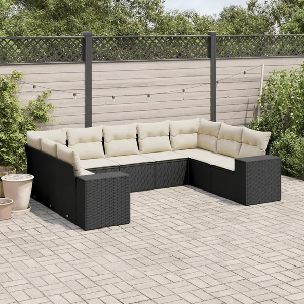 Salon de jardin 9 pcs avec coussins noir résine tressée