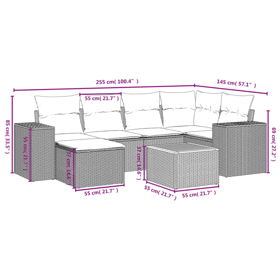 Salon de jardin 7 pcs avec coussins noir résine tressée 62 x 62 x 69 cm - 58,7 kg - 9