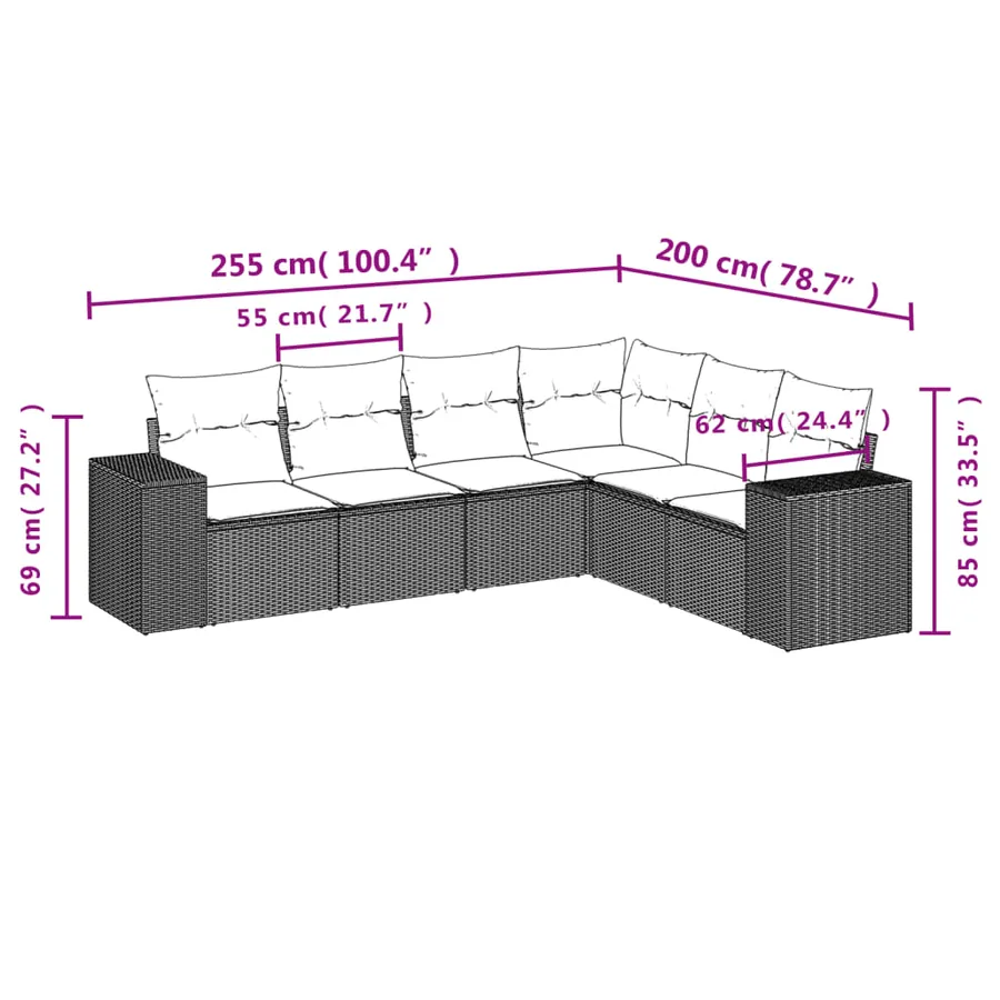 Salon de jardin 6 pcs avec coussins noir résine tressée - 7