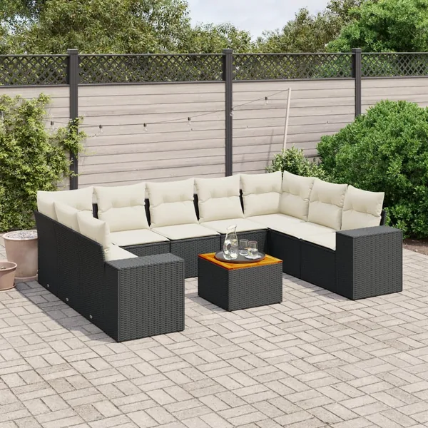 Salon de jardin 10 pcs avec coussins noir résine tressée