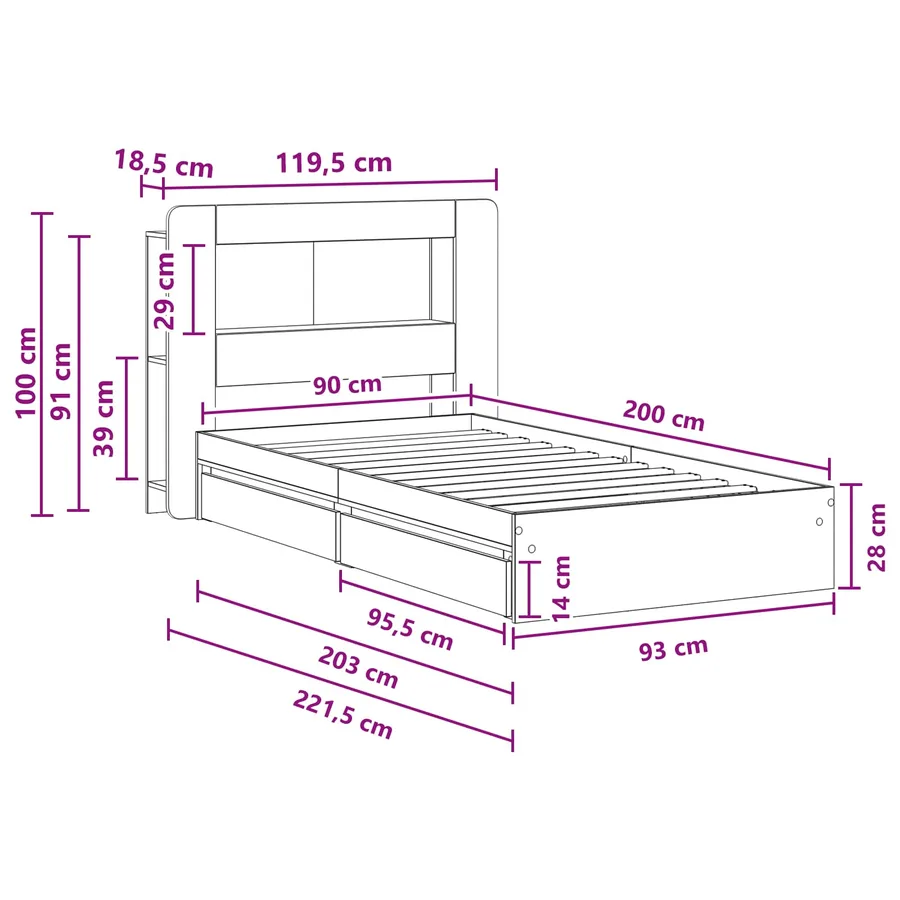 Cadre de lit avec rangement avec tiroir Sonoma gris 90 x 200 cm - 10