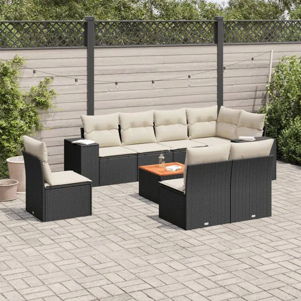 Salon de jardin 9 pcs avec coussins noir résine tressée