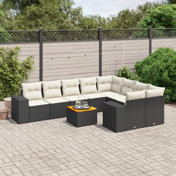 Salon de jardin 10 pcs avec coussins noir résine tressée