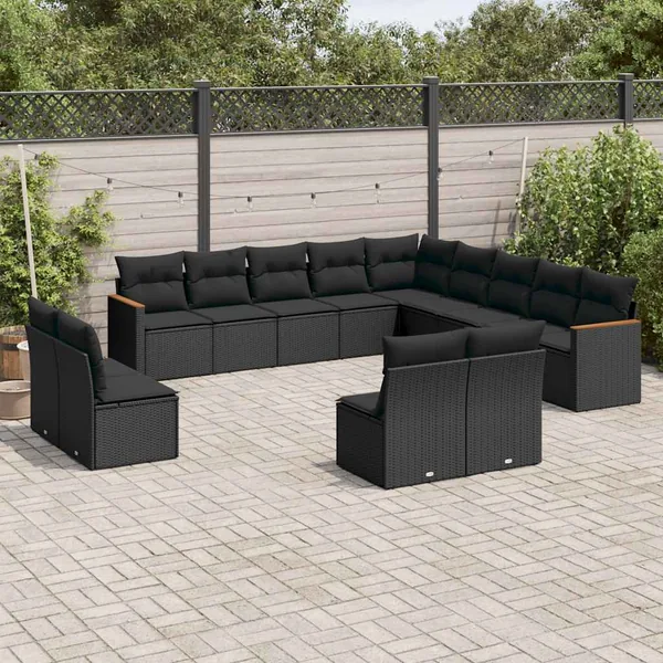 Salon de jardin avec coussins 13 pcs noir résine tressée