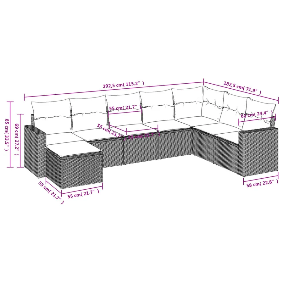 Salon de jardin 8 pcs avec coussins noir résine tressée - 3