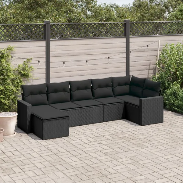 Salon de jardin 7 pcs avec coussins noir résine tressée 62 x 62 x 69 cm - 58,6 kg