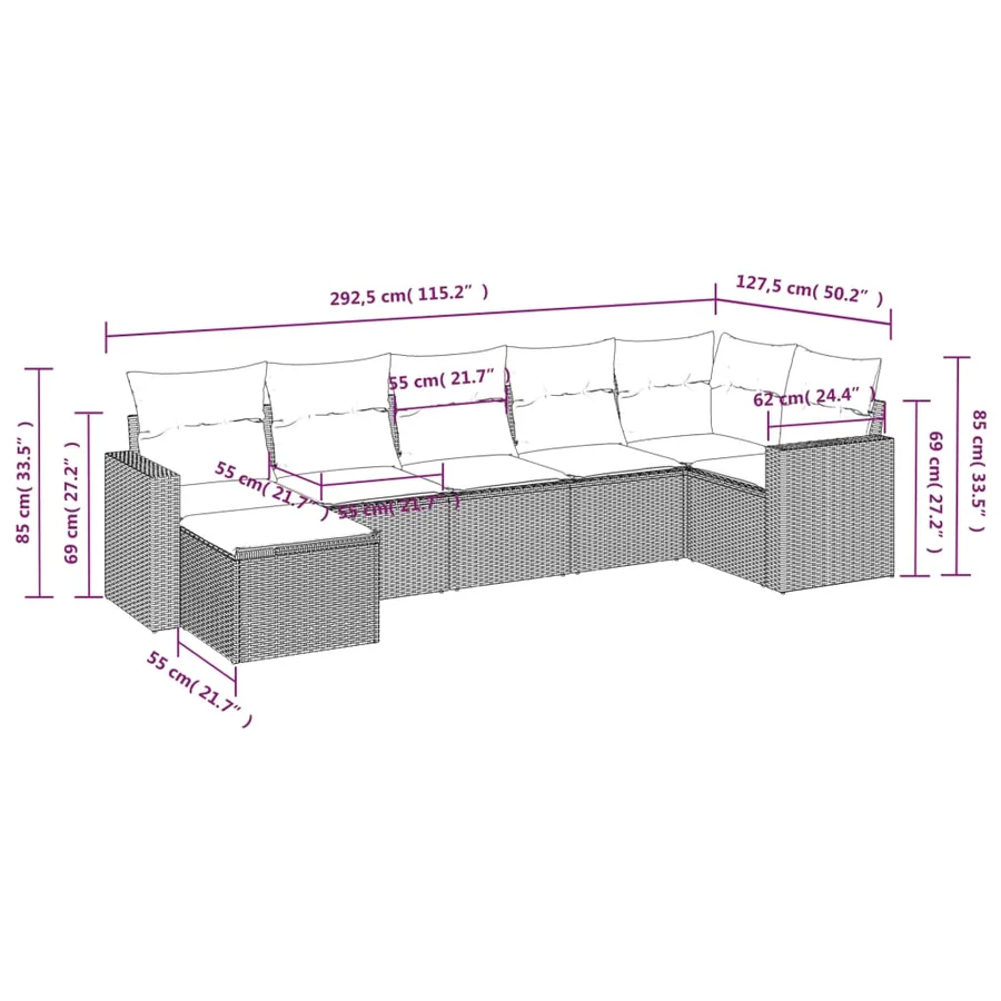 Salon de jardin 7 pcs avec coussins noir résine tressée 62 x 62 x 69 cm - 58,6 kg - 3
