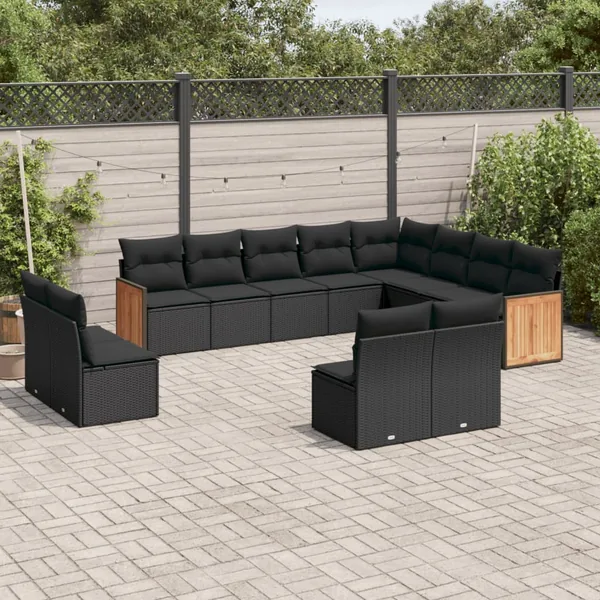 Salon de jardin 12 pcs avec coussins noir résine tressée