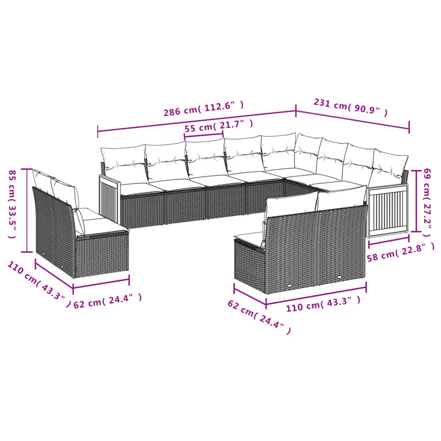 Salon de jardin 12 pcs avec coussins noir résine tressée - 3