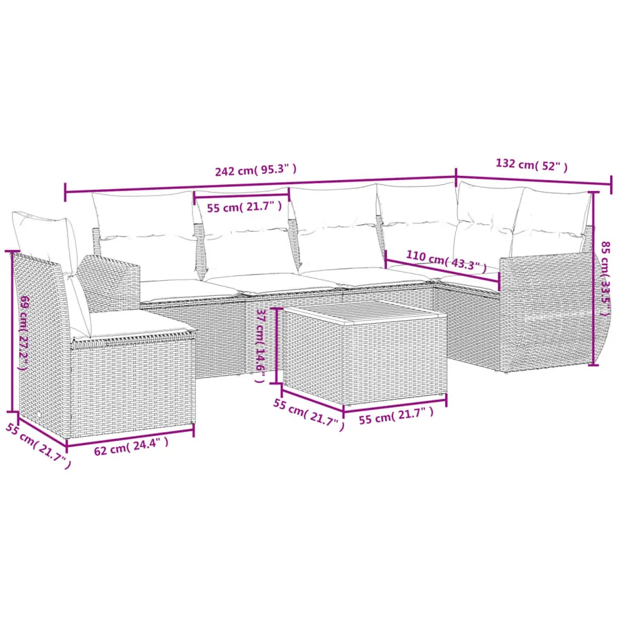 Salon de jardin 7 pcs avec coussins noir résine tressée 62 x 62 x 69 cm - 60,2 kg - 3