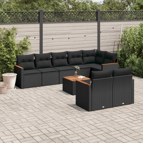 Salon de jardin 9 pcs avec coussins noir résine tressée