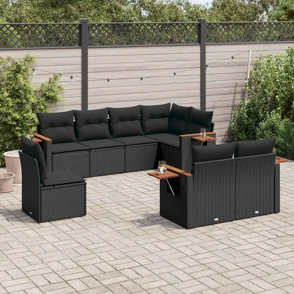 Salon de jardin 8 pcs avec coussins noir résine tressée