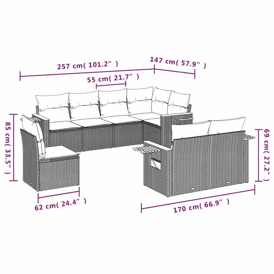 Salon de jardin 8 pcs avec coussins noir résine tressée - 3