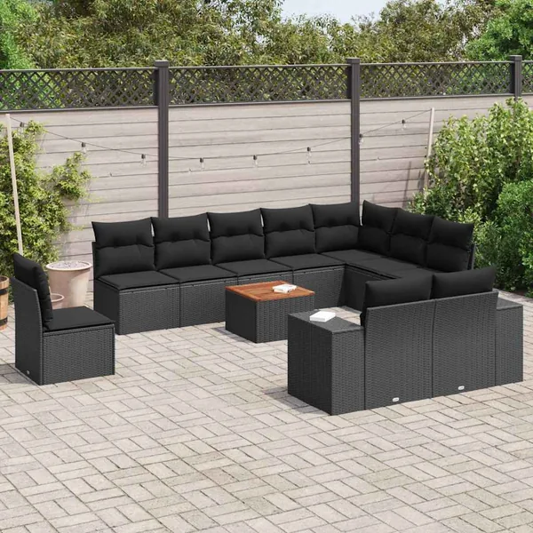 Salon de jardin 11 pcs avec coussins noir résine tressée