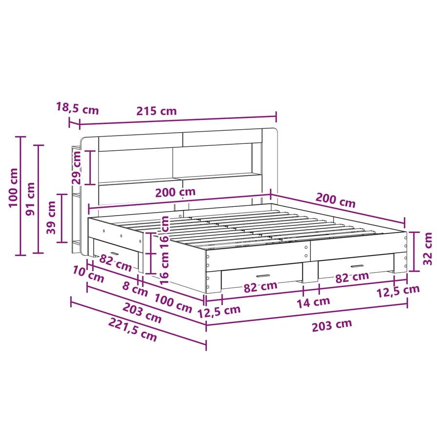 Cadre de lit avec rangement Sonoma gris 200 x 200 cm - 9