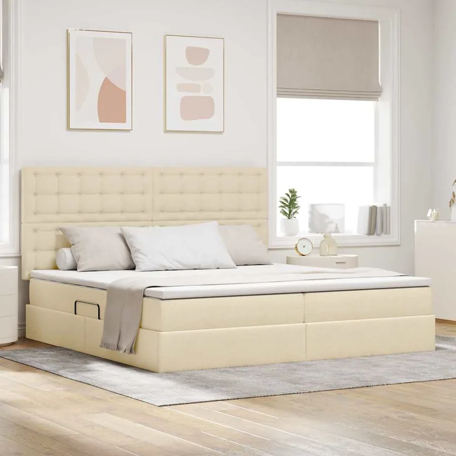 Lit avec rangement et matelas Crème 200 x 200 cm tissu