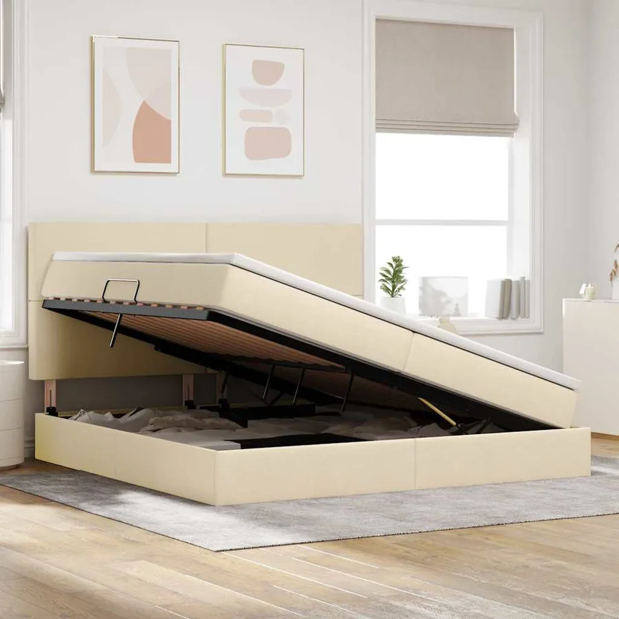 Lit de rangement LED avec matelas Crème 200 x 200 cm Tissu - 4