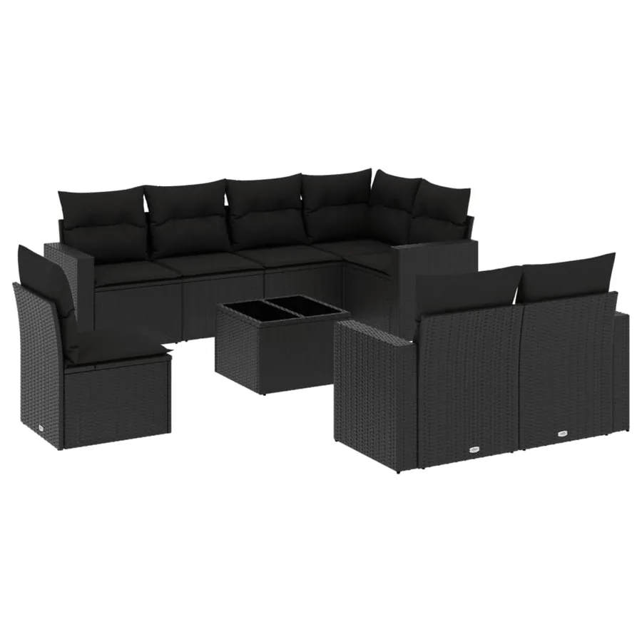 Salon de jardin 9 pcs avec coussins noir résine tressée - 2