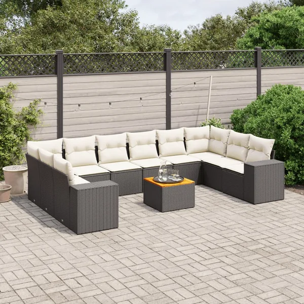 Salon de jardin 11 pcs avec coussins noir résine tressée