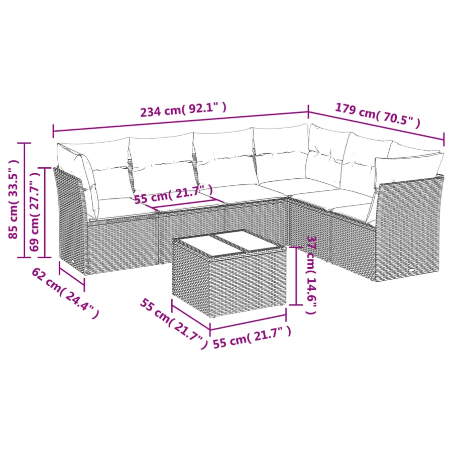 Salon de jardin 7 pcs avec coussins noir résine tressée 62 x 62 x 69 cm - 61,4 kg - 3