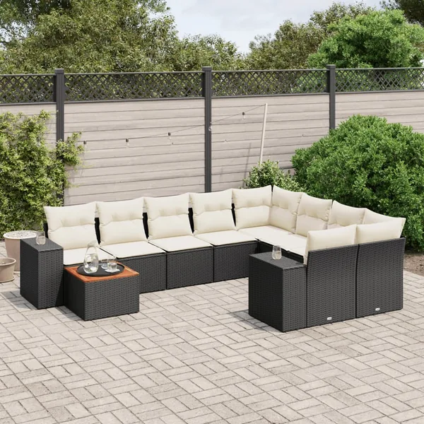 Salon de jardin 10 pcs avec coussins noir résine tressée