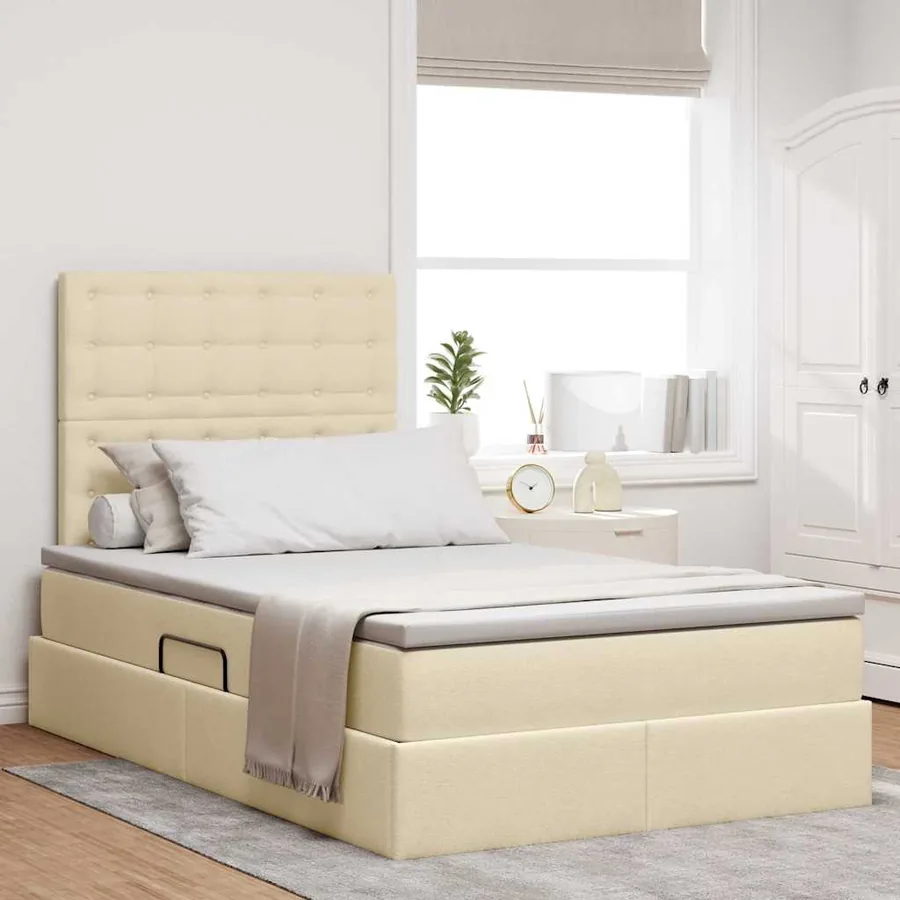 Lit avec rangement et matelas Crème 120 x 190 cm tissu